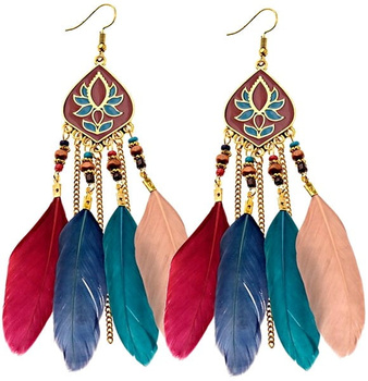 Cercei lungi agățați cu pene boho retro