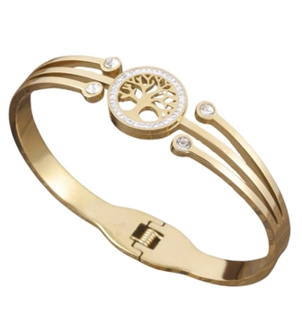 Bratara din otel chirurgical placat cu aur, rigida, cerc copac auriu