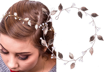 Bentita cu tiara pe sârmă NUNTĂ CRISTAL FRUNZĂ DE AUR