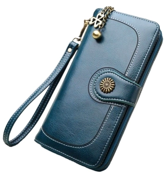 Portofel de dama albastru din piele, breloc decorativ, mare, incapator
