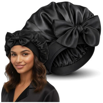 Schlafhaube aus Satin zum Schutz der Haare, schwarz, mit Bändern zum Binden