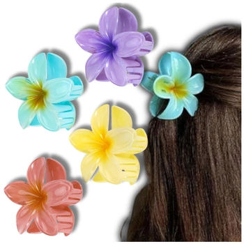 Ein Set mit 4 Haarspangen mit bunten Plumeriablüten