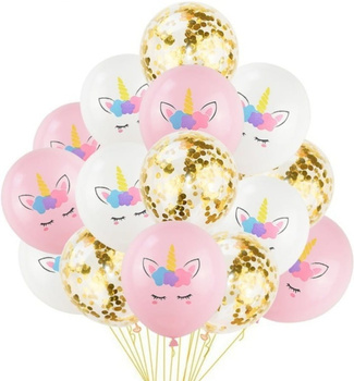 Set de 15 baloane mixte confetti pentru ziua de nastere unicorn