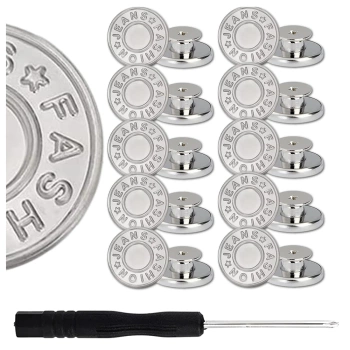 Set mit 10 Knöpfen + Schraubendreher, Metall silber, runde Schraubknöpfe