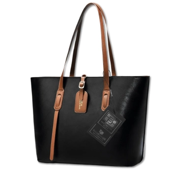 BAD&BAGS Damen Leder Handtasche klassisch schwarz mit braunem Einsatz Shopper