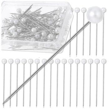Schneiderstecknadeln, Set mit 100 Nadeln mit rundem Kopf, 65 mm, weiß, Perle