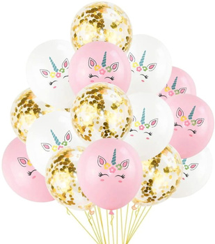 Set de 15 baloane mixte confetti unicorn ziua de aur