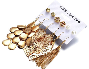 Set cercei 6 perechi frunze, lanțuri de aur, știfturi, perle