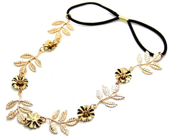 Bandă de păr metalică cu flori și frunze aurii