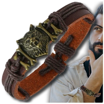 Herrenarmband aus braunem Leder mit verstellbarem Riemen, Wolf