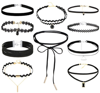 Set negru de 10 piese CHOKER colier cu curea din dantela