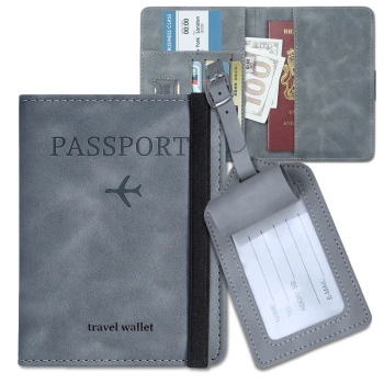Graues Reiseset Reisepasshülle und Reisebrieftasche