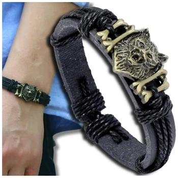 Herren-Lederarmband mit verstellbarem Riemen, schwarzer Wolf