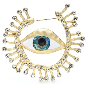 Brosa de aur cu zirconi, ochi albastru, ac rotund